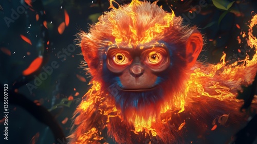 A digital illustration featuring a baby monkey with fiery fur, standing amidst a forest with glowing embers surrounding it. The image emphasizes the contrast between the cool background and the warm