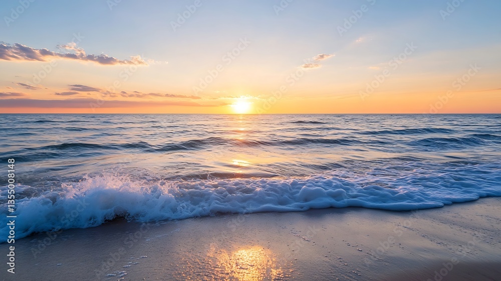 Obraz premium Stunning seascape at sunset with gentle waves lapping the shore reflecting warm colors of the twilight sky : Generative AI