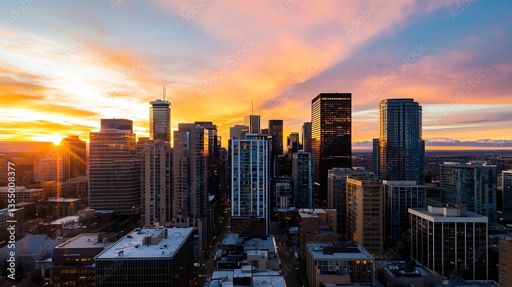 Obraz premium Breathtaking Sunset Over City Skyline with Skyscrapers in Urban Landscape : Generative AI