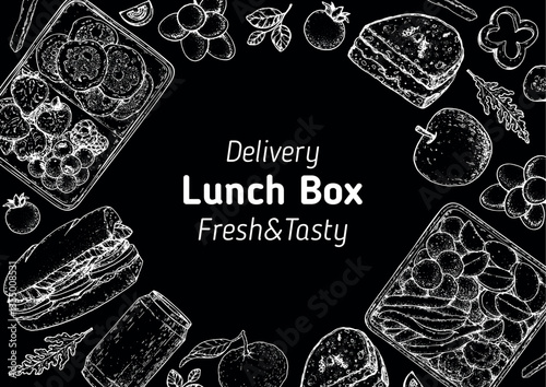 Lunch box frame. Hand drawn vector illustration. Meal box sketch. Top view. Menu design elements, packaging background template.