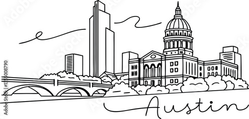 Austin Texas city skyline, featuring its iconic landmarks in a trendy continuous-line style, perfect for home wall decor or poster art in a white background.