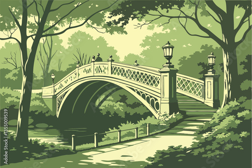 12 Ornate white iron bridge, lush green forest, dappled sunlight, tranquil park setting, wooden planks, stone pillars, arched bridge design, serene pathway, leafy canopy, nature walk, romantic atmosph