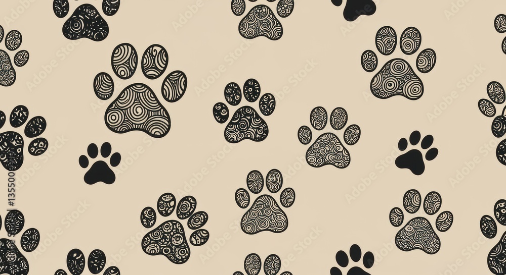 Fototapeta premium A whimsical pattern of black paw prints on a light beige background, featuring intricate designs that are perfect for pet-related products or graphics.