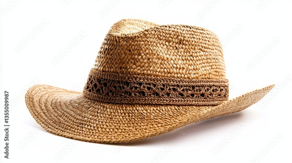 Women's straw hat isolated, showcasing a decorative band in a complementary color, with intricate straw textures, on a pristine white background for focus. Women's straw hat isolated, showcasing a decorative band in a complementary color, with intricate straw textures, on a pristine white background for focus.