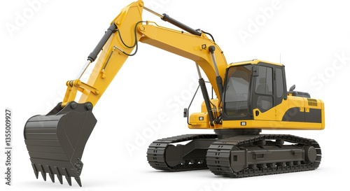 A detailed yellow excavator with an articulated arm and large bucket, crucial for digging and heavy lifting on modern construction sites, showcasing impressive engineering.