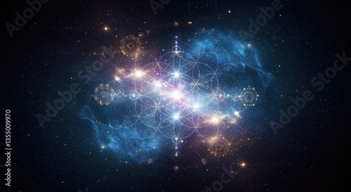 A mesmerizing cosmic scene with vibrant colors and intricate patterns, radiating energy from a central point, symbolizing interconnectedness and harmony in the universe.