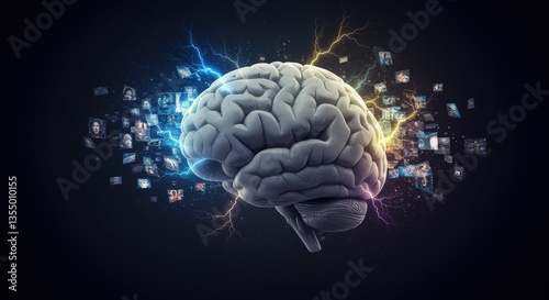 A surreal human brain enveloped in vibrant electrical sparks, radiating images that symbolize knowledge, creativity, and technology, embodying the essence of the mind.