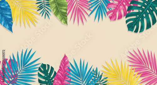 Vibrant tropical leaves in shades of green, blue, pink, and yellow frame a soft beige background, perfect for summer-themed designs or nature-related projects.