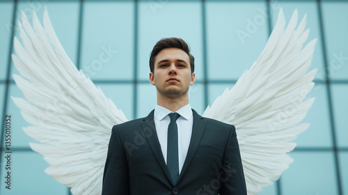 A man in a suit stands confidently with large white angel wings against a modern glass building backdrop.