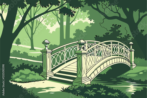 12 Ornate white iron bridge, lush green forest, dappled sunlight, tranquil park setting, wooden planks, stone pillars, arched bridge design, serene pathway, leafy canopy, nature walk, romantic atmosph