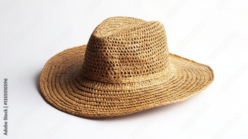 Women's straw hat isolated, showcasing intricate straw weaving and a soft floppy brim, with muted tan hues, on a clean white background for a casual aesthetic. Women's straw hat isolated, showcasing intricate straw weaving and a soft floppy brim, with muted tan hues, on a clean white background for a casual aesthetic.