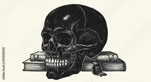 An intricately designed skull atop vintage books symbolizes mortality and knowledge, blending themes of philosophy, education, and the passage of time.
