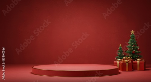 A festive scene with two beautifully decorated Christmas trees, adorned with baubles and stars, alongside a collection of wrapped gifts against a rich red background, radiating holiday spirit.