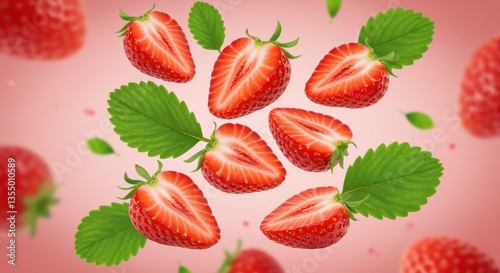 Fresh strawberries, whole and sliced, are artistically arranged on a soft pink background. Their vibrant red color and green leaves evoke freshness, perfect for culinary and health uses.