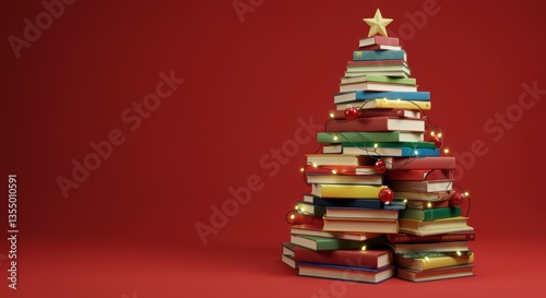A creative arrangement of colorful books stacked to resemble a Christmas tree, adorned with string lights and festive ornaments. Perfect for holiday-themed projects or educational material.