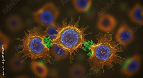 A vibrant scientific illustration of colorful cells interacting in a detailed microscopic environment. This artwork showcases intricate cell structures for biology and medical education.
