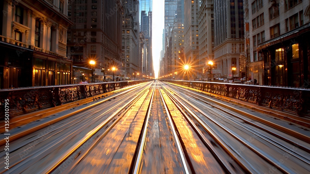 Fototapeta premium Cityscape Train Rail Tracks Golden Sunlight Leading to Distant City Lights Perspective