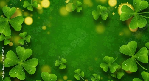 A vibrant arrangement of lush green clovers on an emerald backdrop, adorned with sparkling droplets that evoke freshness and vitality, ideal for themed designs or celebrations.