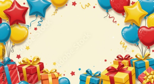A vibrant scene with colorful balloons and gift boxes, complemented by bright stars and confetti, creating a joyful atmosphere for celebrations and party invitations.