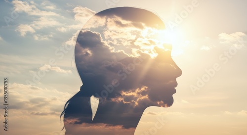 A serene double exposure of a woman's silhouette filled with vibrant clouds and sunlight, evoking peace and introspection for mindfulness and self-discovery projects.