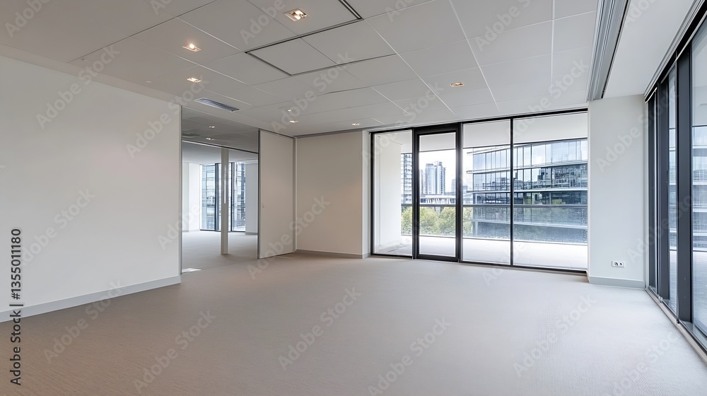 Fototapeta premium Spacious and vacant modern office interior featuring large windows and open space for creativity : Generative AI