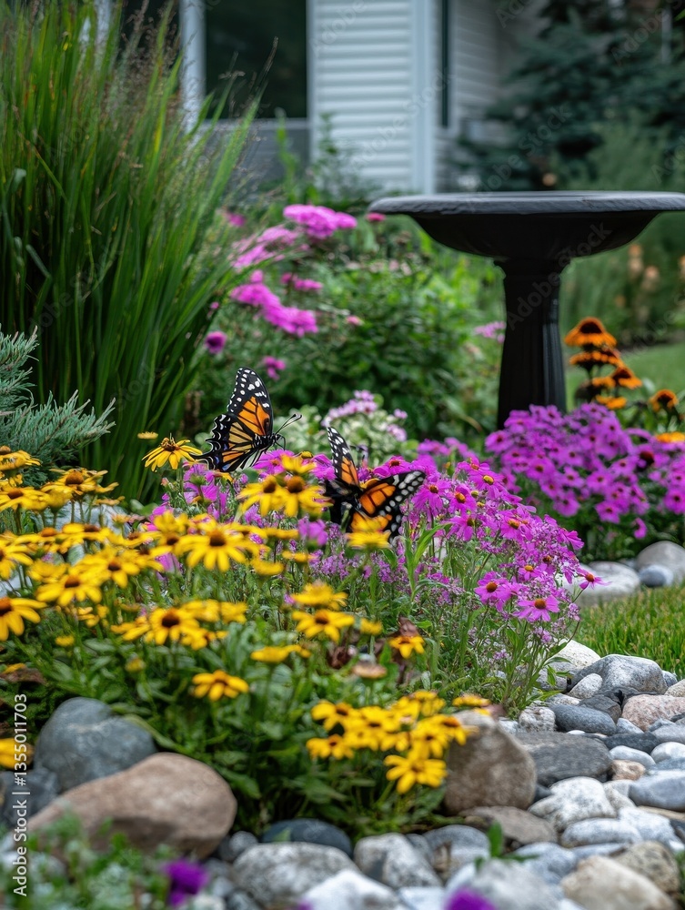 custom made wallpaper toronto digitalFront yard garden featuring a butterfly garden with nectar-rich flowers, a small birdbath, and natural stones, no logos
