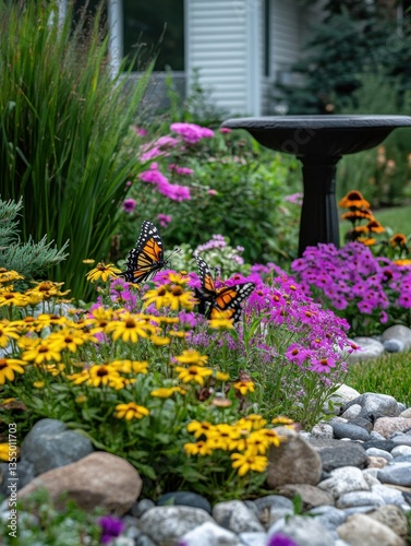 Wallpaper Mural Front yard garden featuring a butterfly garden with nectar-rich flowers, a small birdbath, and natural stones, no logos Torontodigital.ca