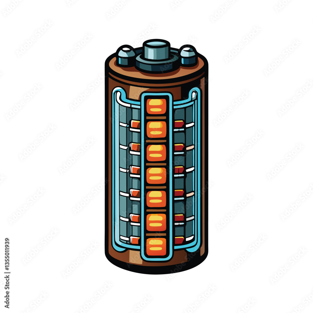 Create a detailed vector illustration of a single lithium-ion battery cell, showcasing its internal components and structure. Include clear labeling. Create a detailed vector illustration of a single lithium-ion battery cell, showcasing its internal components and structure. Include clear labeling.