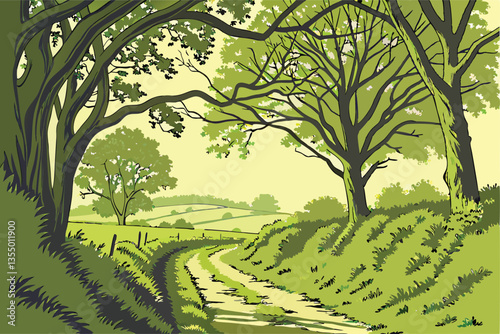 13 Tree-lined country road, lush green canopy, dappled sunlight, peaceful pathway, rural landscape, verdant foliage, spring scenery, tranquil nature walk, arching branches, sun-dappled path, idyllic c