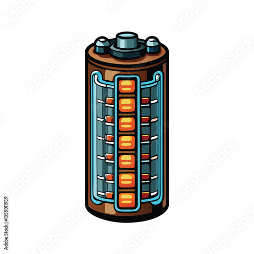 Create a detailed vector illustration of a single lithium-ion battery cell, showcasing its internal components and structure.  Include clear labeling.