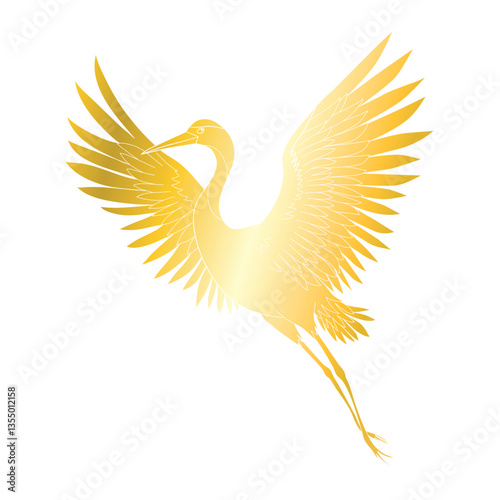 Illustration of a crane in flight on a plain white background. Crane silhouette with elegance, spread wings and golden color.