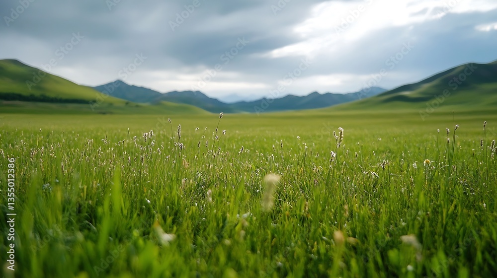 Vast Green Grassland with Mountains Under a Dramatic Sky Captured in Nature : Generative AI Vast Green Grassland with Mountains Under a Dramatic Sky Captured in Nature : Generative AI