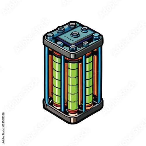 Create a detailed vector illustration of a lithium-ion battery cell, showcasing its internal components anode, cathode, separator, electrolyte, and terminals.