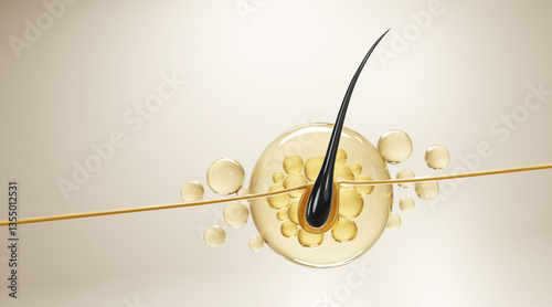 Φωτογραφία 3D illustration of a black hair strand penetrating golden serum bubble surrounded by small particles, ideal for hair care and cosmetic concepts