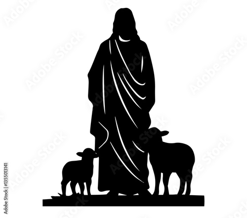 Jesus silhouette with two lambs standing black shape silhouette