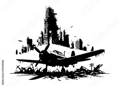 abandoned city ruins with crashed military airplane
