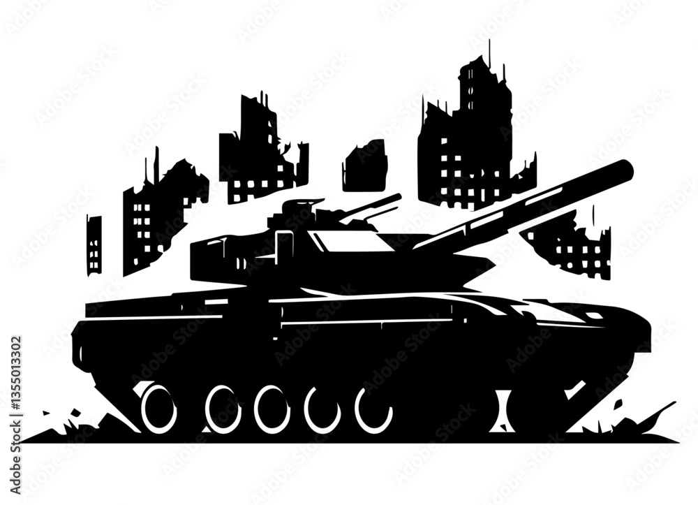 Obraz premium military tank in ruined city black and white war silhouette illustration