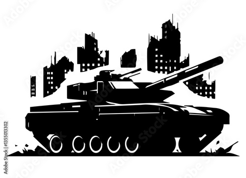 military tank in ruined city black and white war silhouette illustration