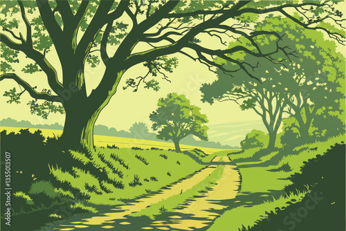 13 Tree-lined country road, lush green canopy, dappled sunlight, peaceful pathway, rural landscape, verdant foliage, spring scenery, tranquil nature walk, arching branches, sun-dappled path, idyllic c