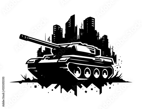 modern battle tank in destroyed urban skyline