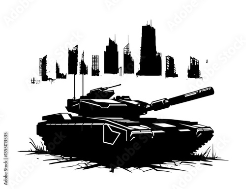 modern battle tank in destroyed urban skyline
