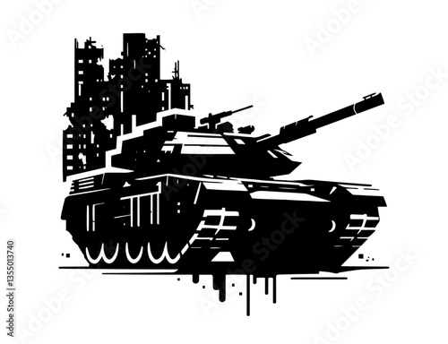 modern tank in ruined city silhouette print vector shape silhouette laser cutting engraving