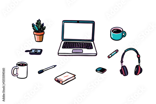A stylish and productive home office setup featuring two open laptops, headphones, and a minimalist aesthetic.  Emphasis on remote work efficiency.
