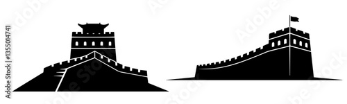 great wall of china towers with battlements black vector print shape engraving silhouette