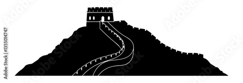 great wall of china winding uphill black vector print shape engraving silhouette