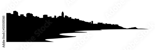 city skyline along coastal beach line black vector print shape engraving silhouette
