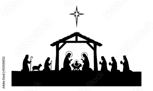 nativity scene with stable, holy family, shepherds, and wise men