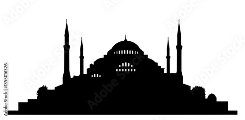 silhouette of a grand mosque with multiple domes and tall minarets