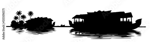 houseboats on tropical river with palm trees in silhouette style