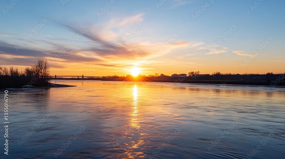 Golden Sunset Reflected on Calm River Surface with Silhouetted Trees : Generative AI Golden Sunset Reflected on Calm River Surface with Silhouetted Trees : Generative AI